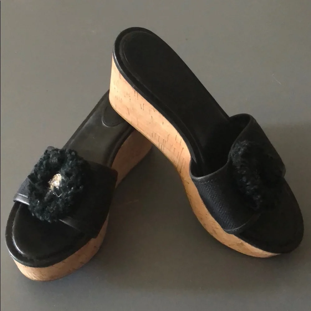 Coach Black Leather & Cork Wedge Slide Sandals - Picture 3 of 5